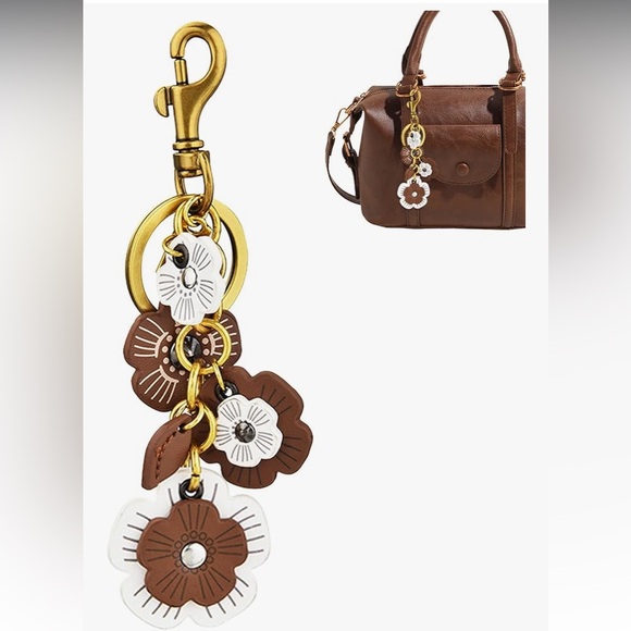 Brown and white Flower leather bag charm/ Keychain w/Gold hardware NWT 5 1/2 in - Picture 1 of 8